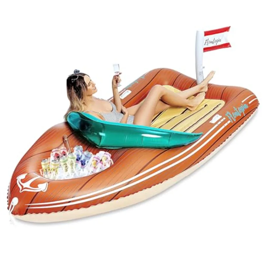 Giant Boat Float With Cooler - Inflatable Pool Float For Summer Parties, Vinyl Material, Blue And White, Reinforced Cooler And
