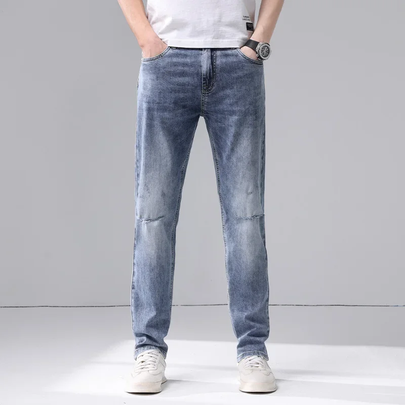 

Spring Autumn Men's Light Blue Straight Slim-fit Jeans Business Casual Cotton Stretch Denim Pants Male Brand