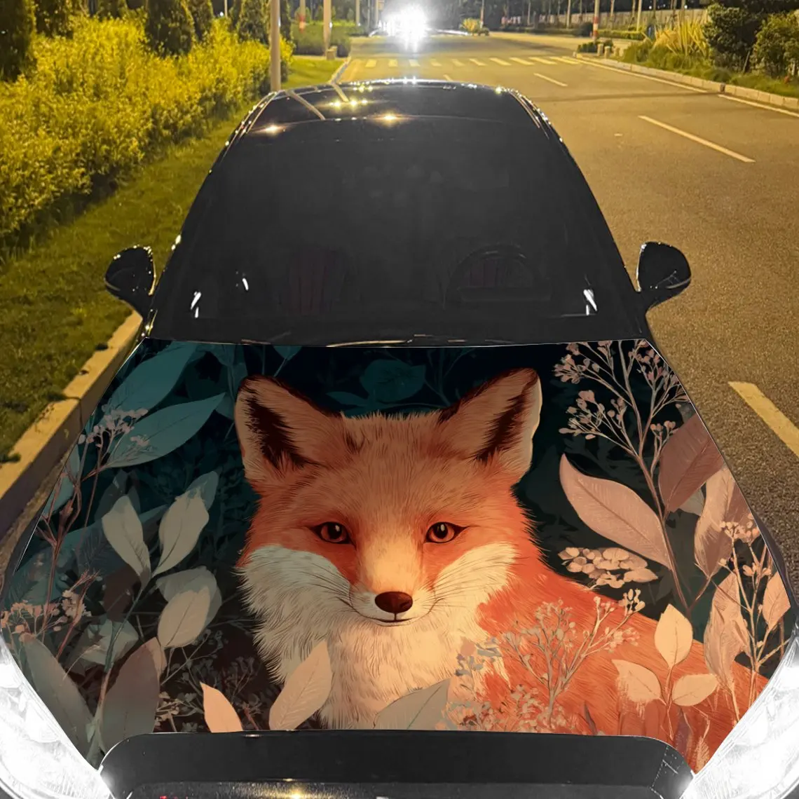 Car Decals Red Fox Surrounded by Floral Elements Car Hood Sticker, Waterproof Self - Adhesive Vinyl Graphics Decals, Decorative
