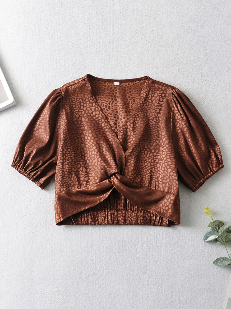 Summer Tops For Women 2022 Street Style V Neck Front Twist Sexy Crop Top Women Short Puff Sleeve Leopard Print Cropped Blouse