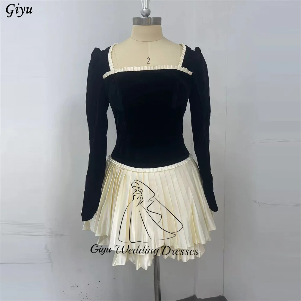 Giyu Sexy Mini Long Sleeves Velour Evening Gown Dresses Square Neck A Line Pleat Graduation Dress Customized High Quality