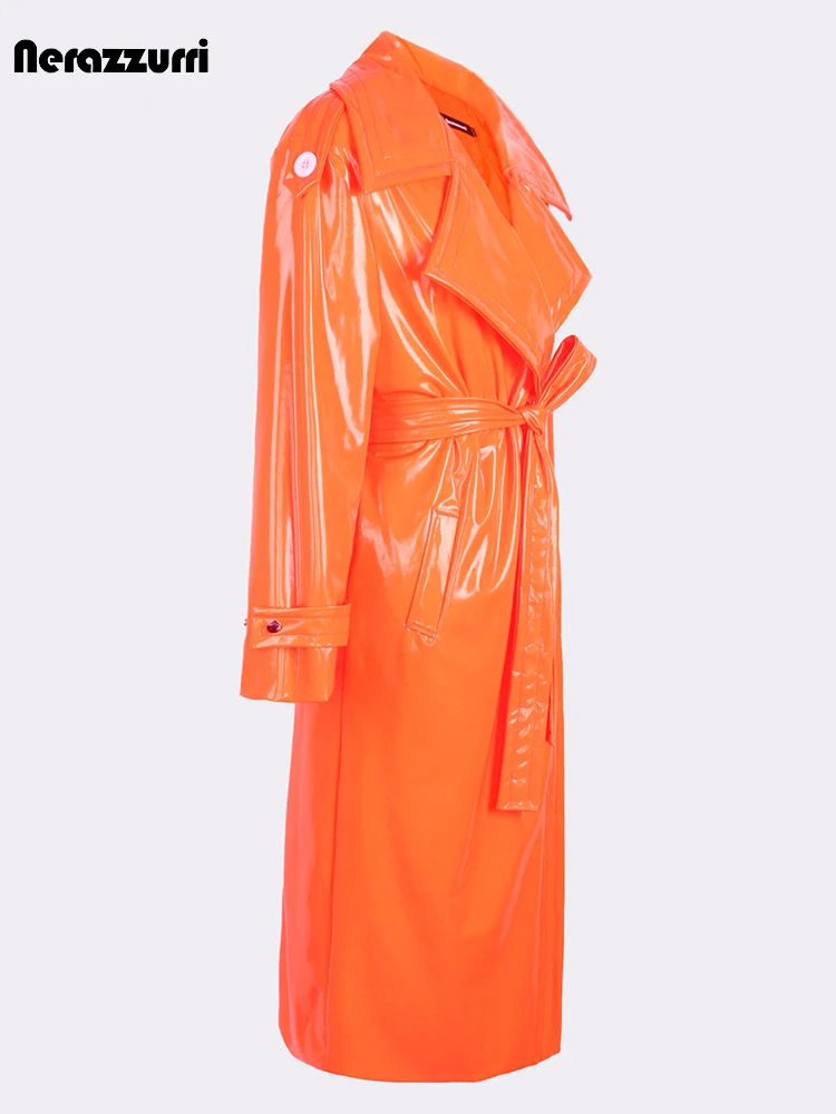 Nerazzurri Autumn Long Loose White Orange Shiny Reflective Patent Leather Trench Coat for Women Sashes Single Breasted Fashion