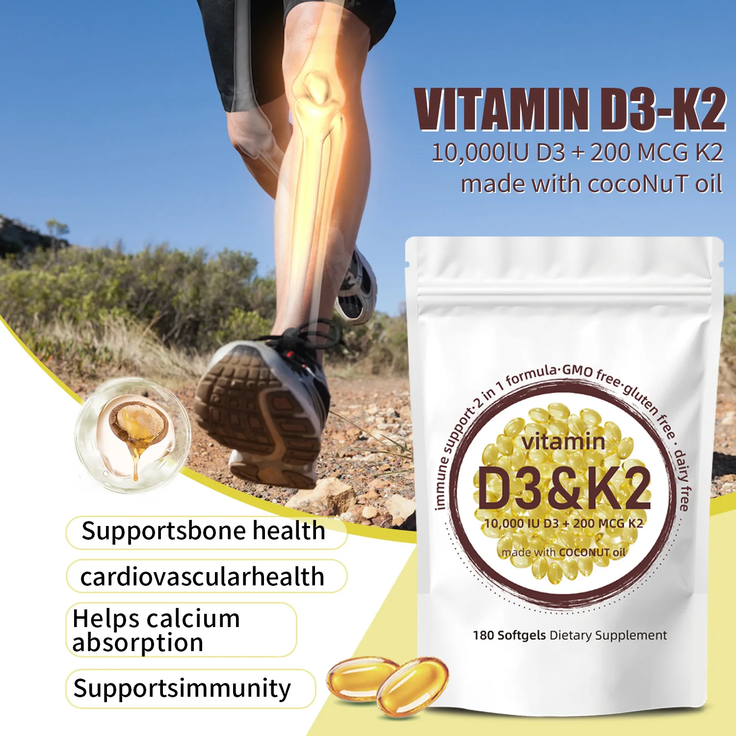 Vitamin D3+K2 softgel regulates immune function promotes calcium absorption prevents osteoporosis Health food