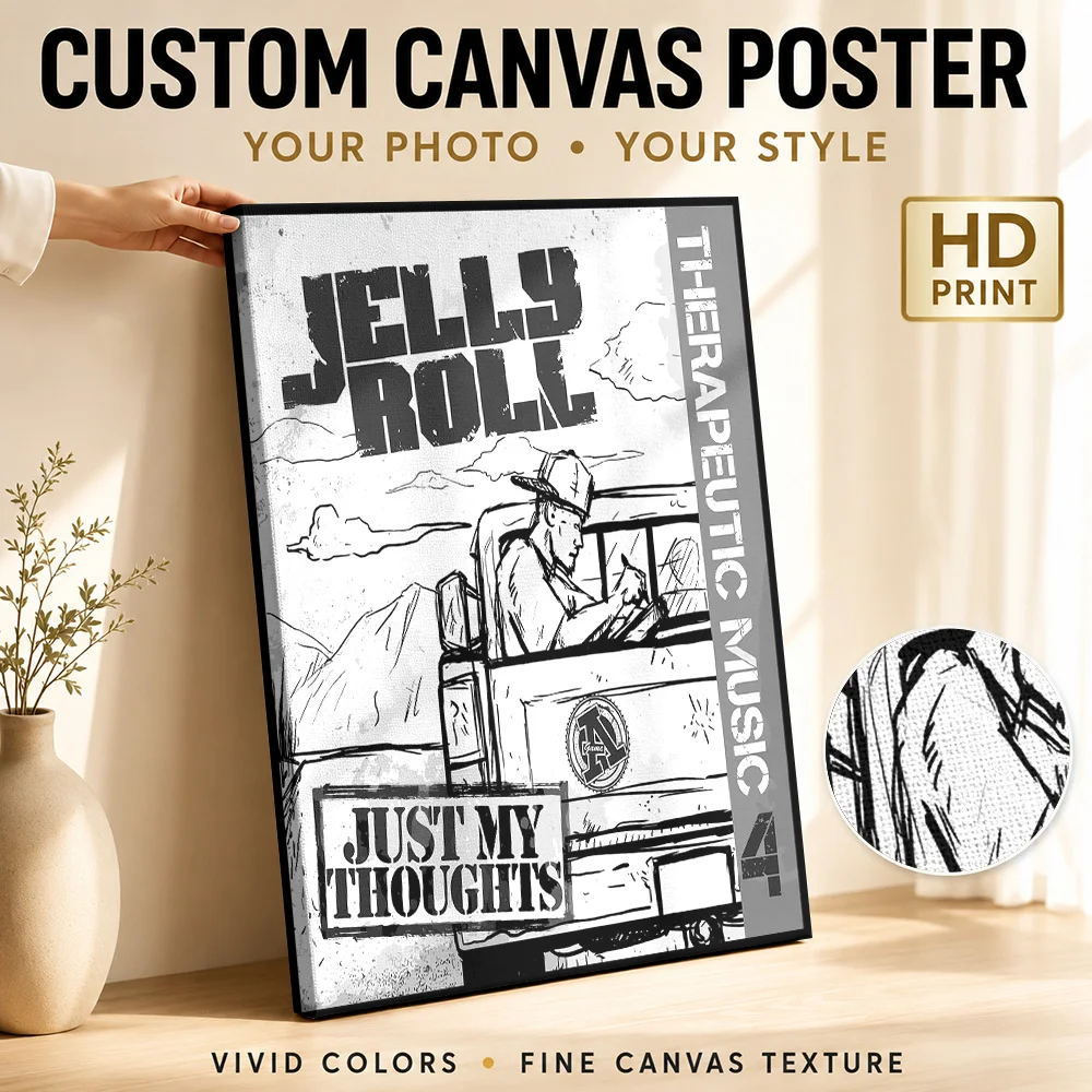 Jelly Roll Just My Thoughts Canvas Print Customized Photo Illustrated Wall Art For Home Listening Lounge, Record Collector Gift