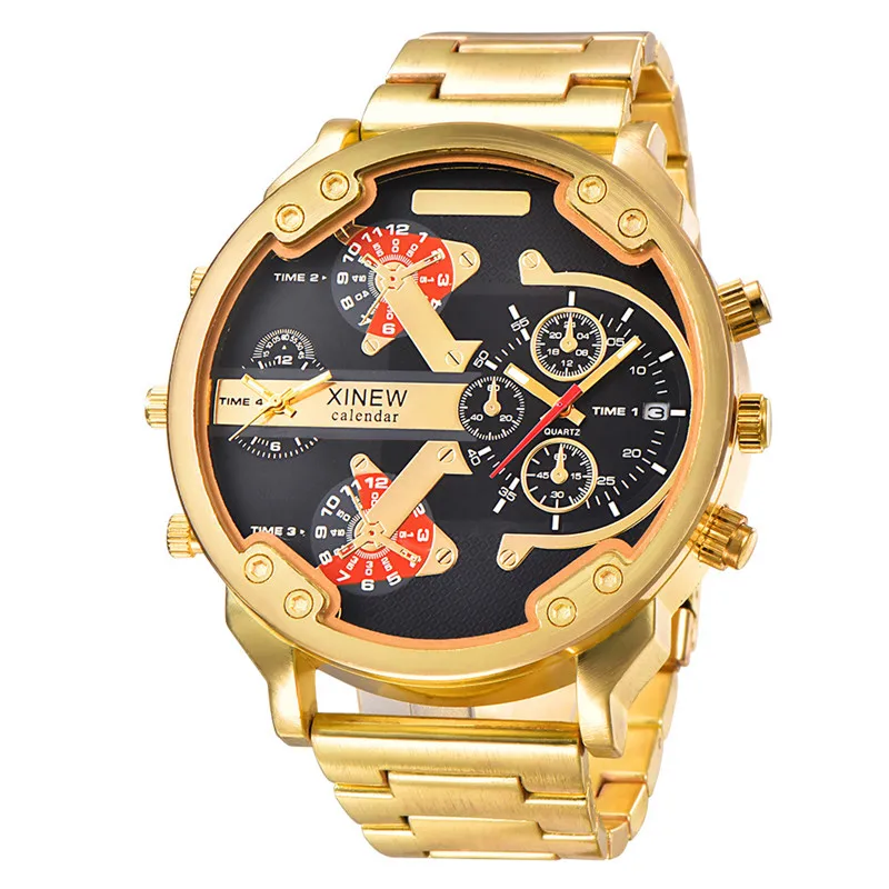 Men Big Brand Golden Watches Fashion Casual Alloy Band 5.6cm Large Face Date Quartz Wrist Watch DZ Relogio Masculino Ouro 2024