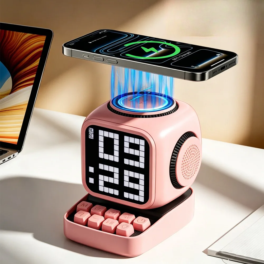 磁石式充電器、3-in-1-bluetoothスピーカー、目覚まし時計、ホワイトノイズ機能付き、急速ワイヤレス充電器（白色）。