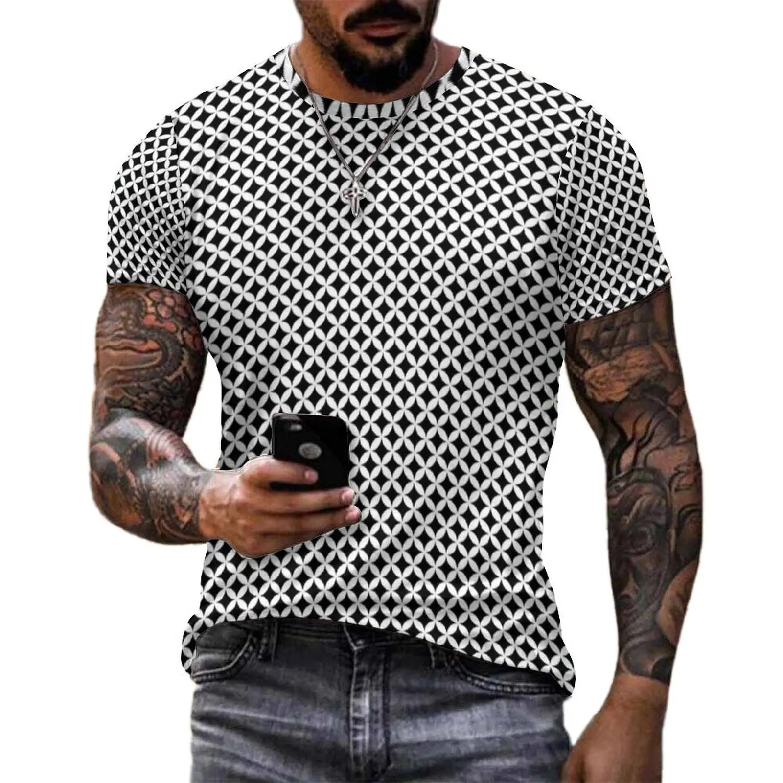 Black White Lattice Circle Print T-Shirt  Hip Hop T-Shirts Short Sleeve Custom Tops Hot Premium Street Style Plus Size Tees
