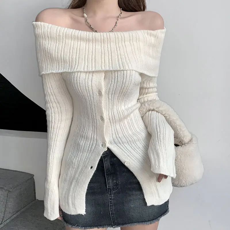 Sweater One-Piece Collar Button Solid Color Sexy Elegant Long Sleeve Casual Women'S Korean Fashion Retro Y2k Knitted Sweater