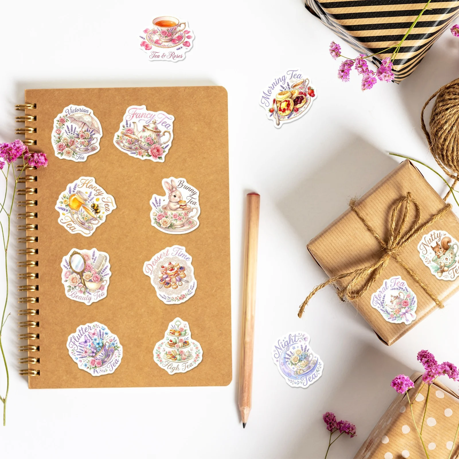 Watercolor Floral Tea Sticker Set 50Pcs Hand-made Diary Decoration Waterproof PET Material