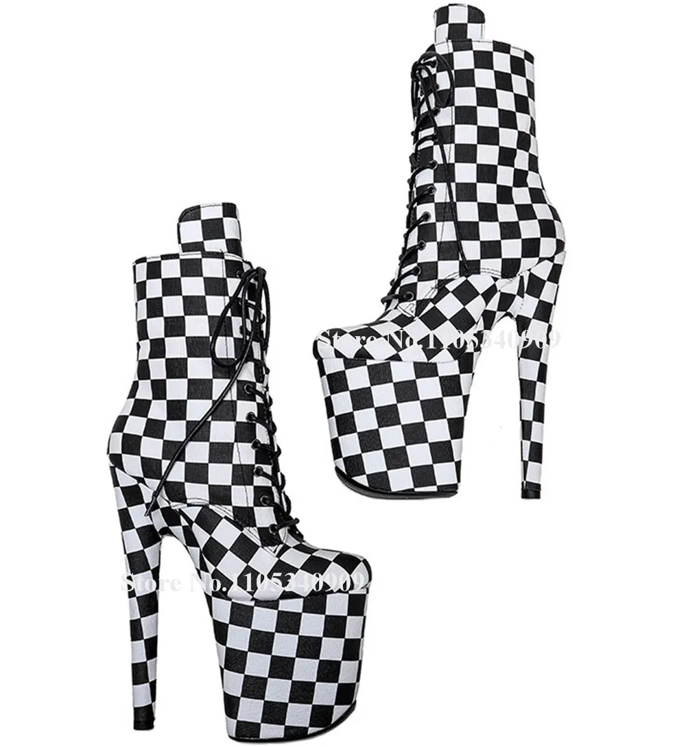 Bondarenko Black- white Checkered Pattern Leather Thin Heel Short Boots Round Toe Lace-up Platform 20cm Thin Heel Stage Shoes