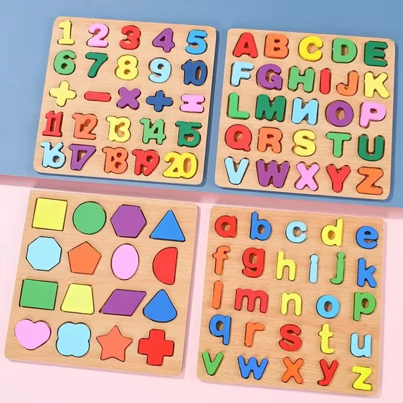 Wooden Puzzles for Children Alphabet Shape Number Puzzle Board Matching Game Educational Montessori Toys for Kid Baby 2 3 4 Year