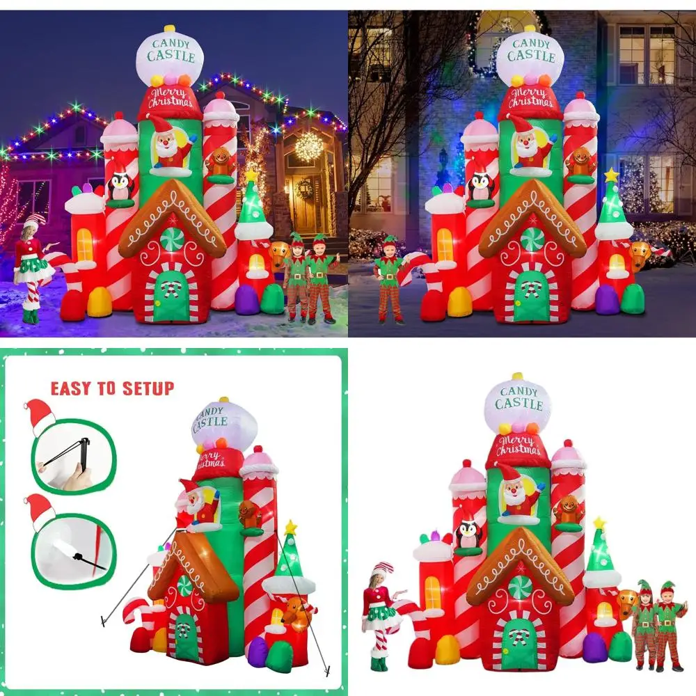 

Рождественский надувной замок конфет высотой 10 футов с Санта-Клаусом, пряничным человечком и пингвином для праздничного декора на открытом воздухе
