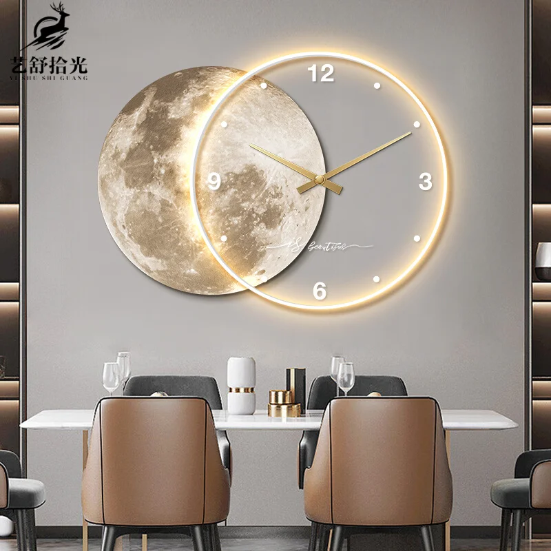 

Wabi-sabi wind restaurant decorative painting high-end with clock moon led light living room wall