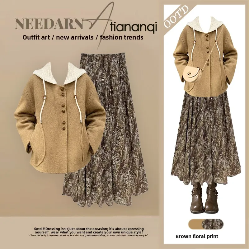 

Зимний вязаный комплект Ele: шапка и юбка с эффектом похудения, винтажный женский модный ансамбль, повседневный шик