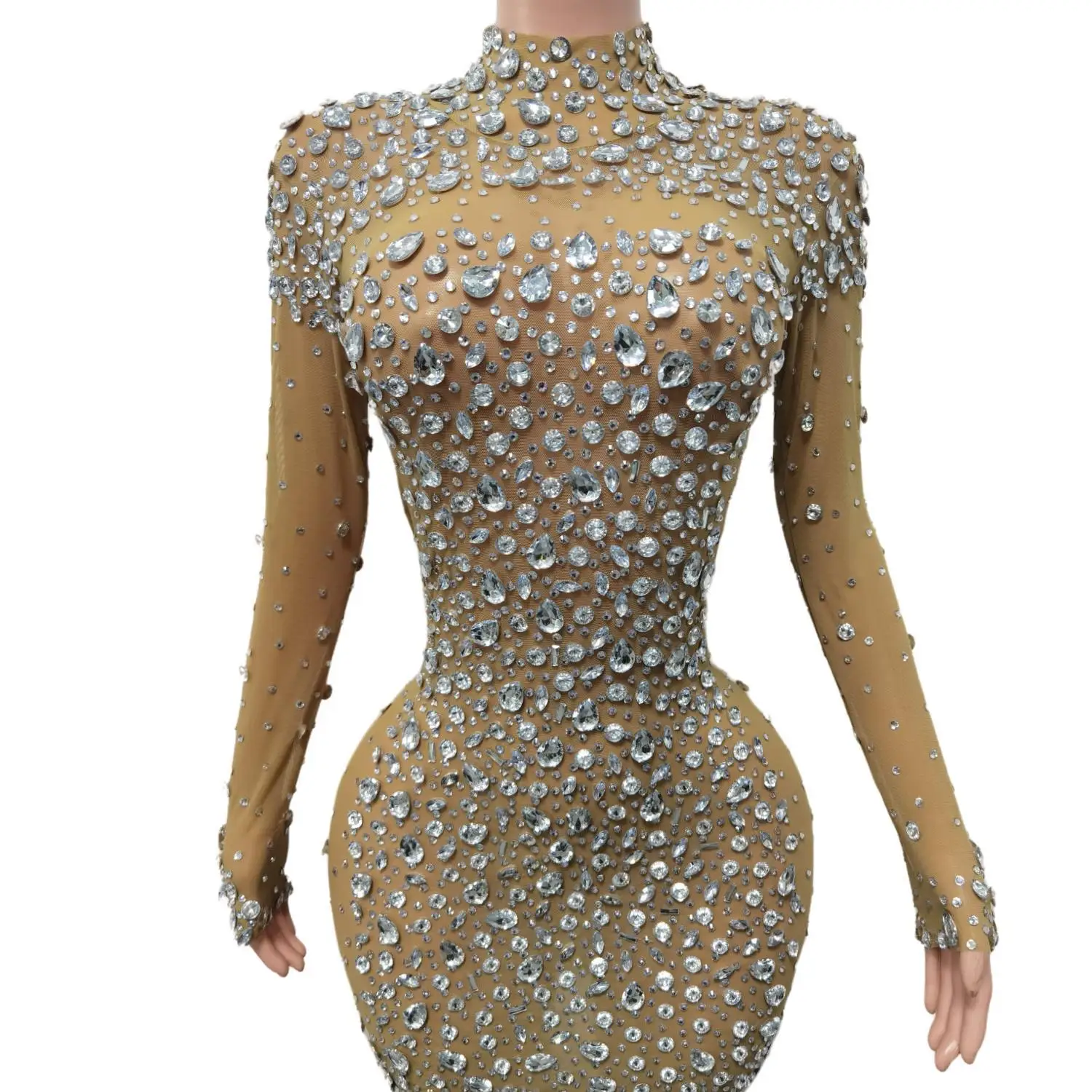 Women 2024 Sexy Stage Rhinestone Short Mesh Dress Birthday Celebrate Evening Wear Female Singer Show Photography Dress Cuixing