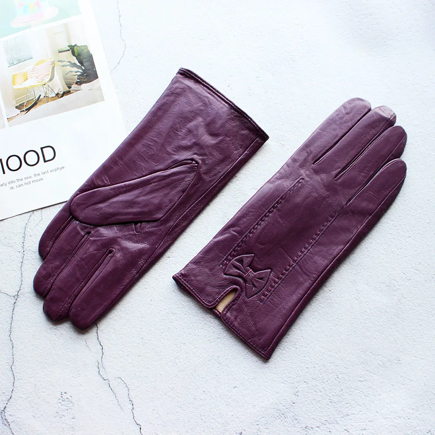 Colored Leather Gloves Women\'s Simple Fashion Striped Style Velvet Lining Autumn and Winter Warm Outdoor Sheepskin Finger Gloves