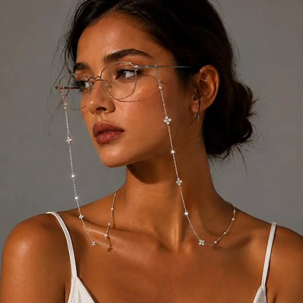 Eyeglass Chain Sunglasses Lanyard Crystal Pearl Clover Anti-Slip Anti-Lost Soft Loop Women Daily Travel Party Elegant Jewel