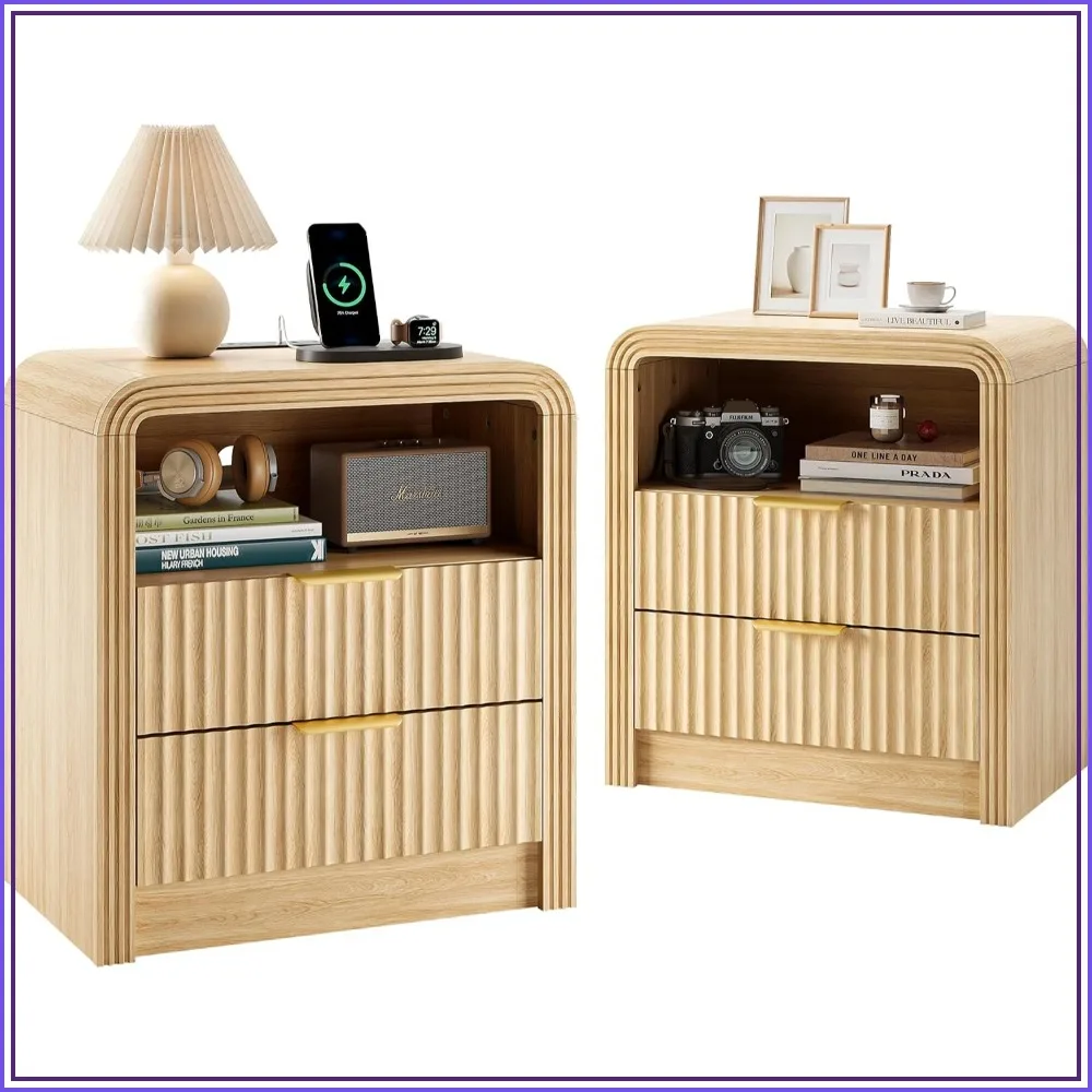Fluted Nightstand Set of 2 with Charging Station, 2 Drawers, Oak