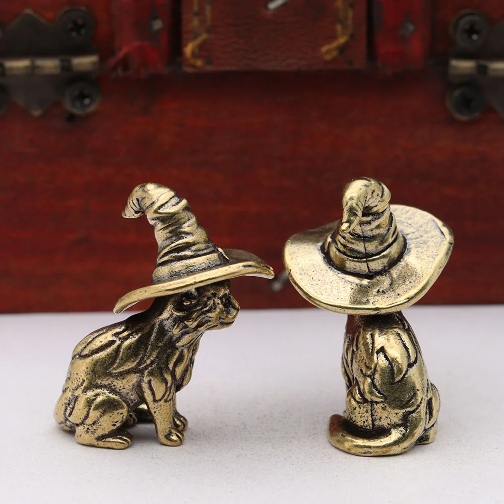 Solid Brass Cute Magic Cat Small Statue Desktop Ornaments Vintage Animal Figurines Model Lucky Home Decorations Crafts Accessory