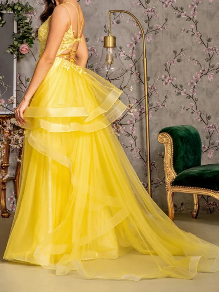

New Arrival Yellow Prom Dresses Sweetheart Lace Applique Flower A Line Tulle Women Formal Evening Dress Wedding Party Gown Robes