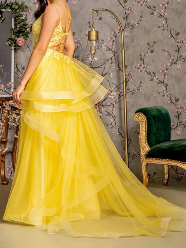 New Arrival Yellow Prom Dresses Sweetheart Lace Applique Flower A Line Tulle Women Formal Evening Dress Wedding Party Gown Robes