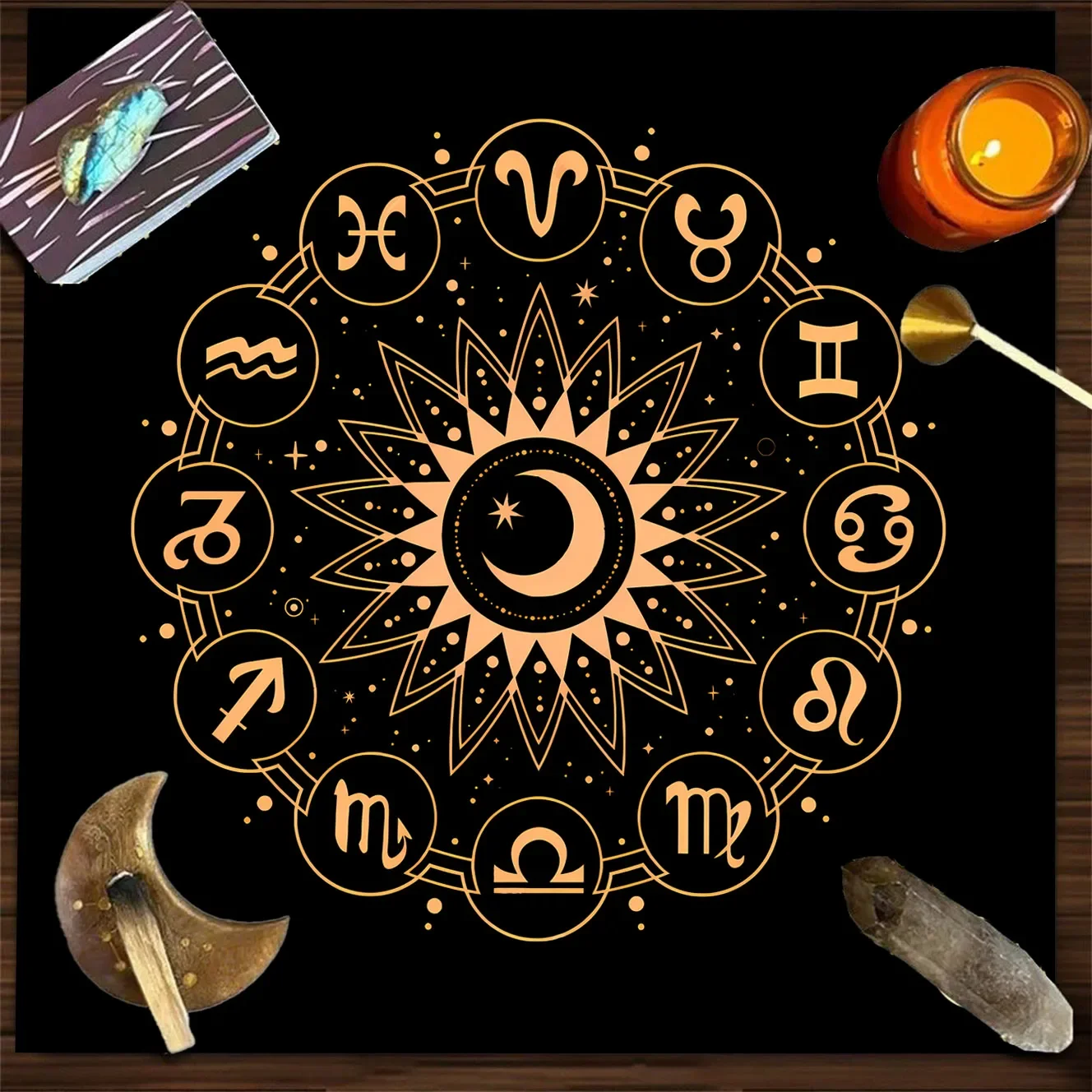 VIKAMA Black Gold Zodiac Wheel Sun Moon Star Tarot Card Tablecloth Mystical Occult Altar Cloth Divination Mat Occult Decor