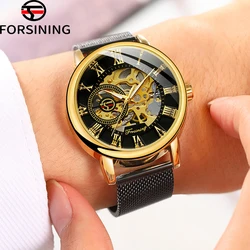 FORSINING-Reloj de pulsera para hombre, accesorio masculino de pulsera resistente al agua con diseño de esqueleto luminoso y grabado hueco, complemento mecánico de marca de lujo con correa de malla, 2024