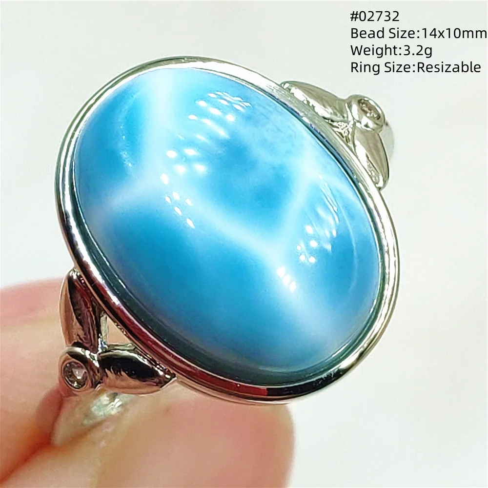 Natural Blue Larimar Ring Jewelry Adjustable Size Dominia Rare Larimar Oval Bead Water Pattern 925 Sterling Silver Fshion AAAAAA