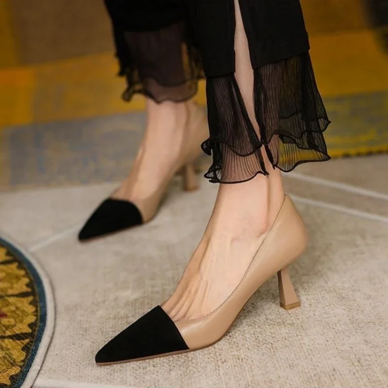 

2024 Sexy Pointed Toe Women Shoes Korean Style Fashion Apricot Black Color Block Women's High Heels Summer Elegant Dress Shoes