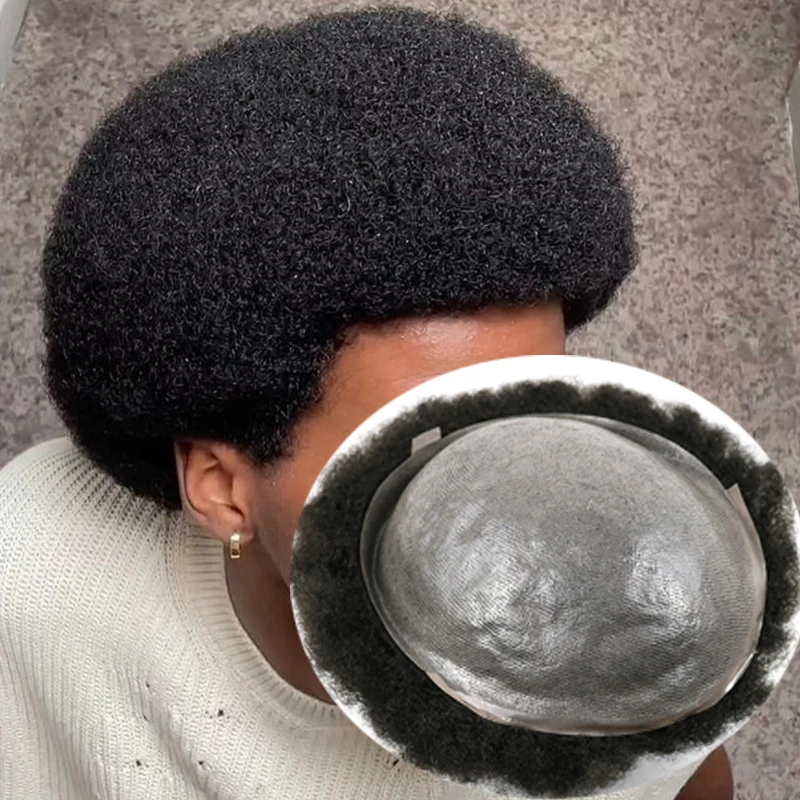 4MM 6mm Afro Kinky Curly Men's Toupee Natural Black Human Hair Replacement Man Wig Hairpiece Unit Super Durable Natural Hairline