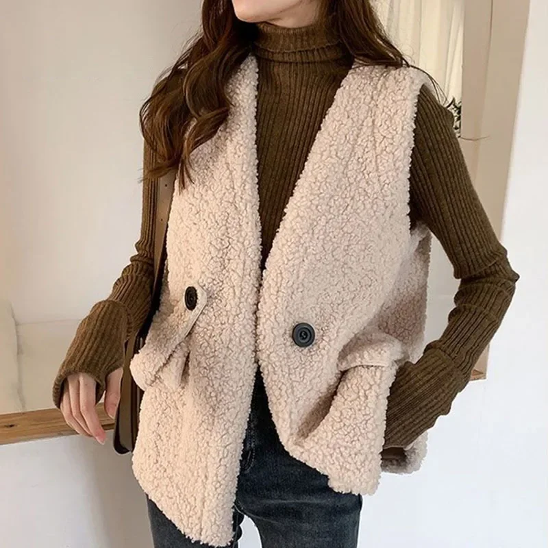 

Winter Lamb Hair Women Thicken Vest Jacket Fashion Elegant Loose Korean Simplicity Coat Female Warm Casual Sleeveless Jacket