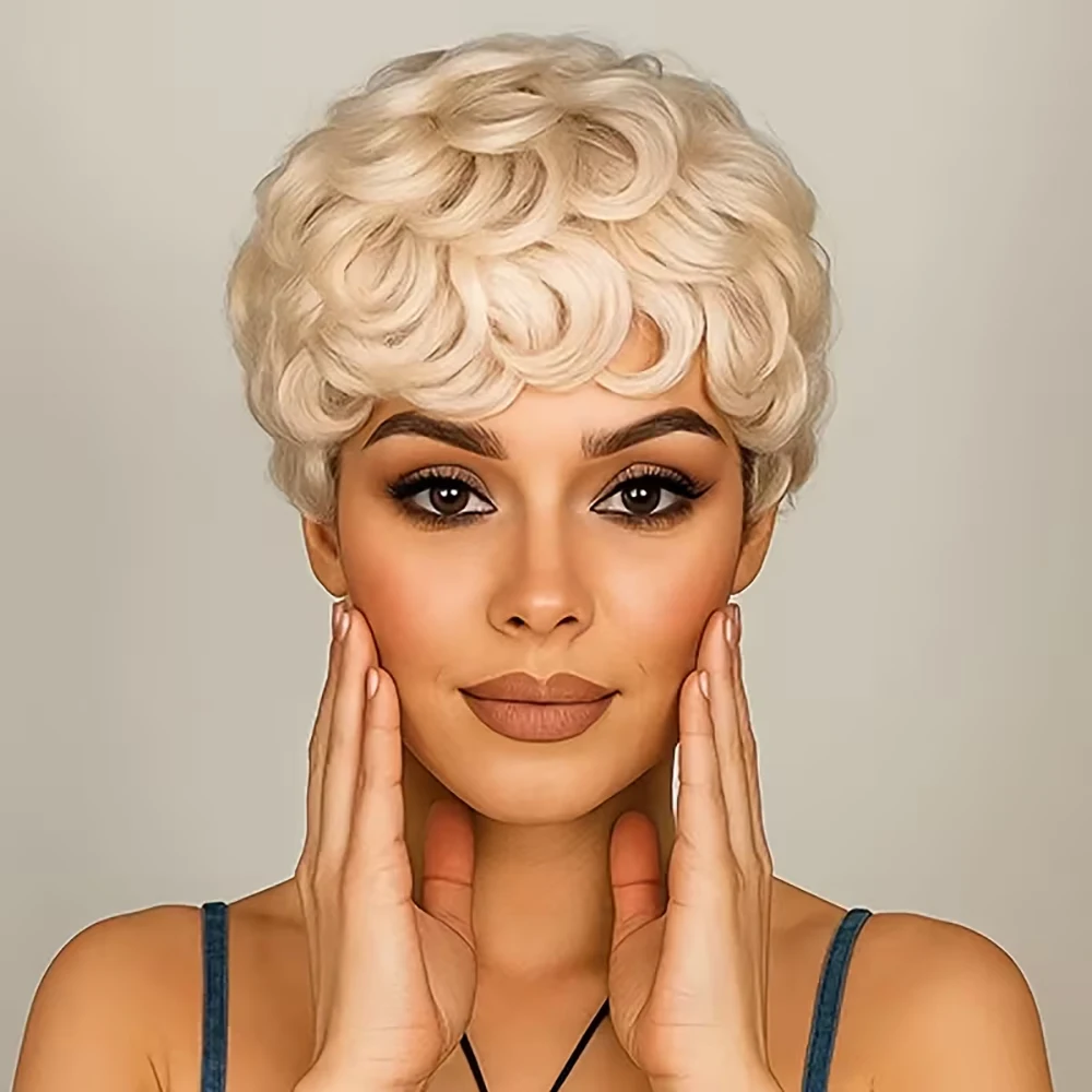 Loira pixie corte peruca curto ovo encaracolado perucas 100% perucas de cabelo humano com franja pré arrancada para mulheres cabelo bazilian máquina feita boné