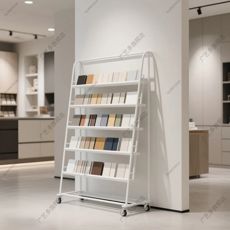 Color plate with pulley Display rack Cabinet door Aluminum button plate Stone sample shelf Marble stone Wood floor Shelf