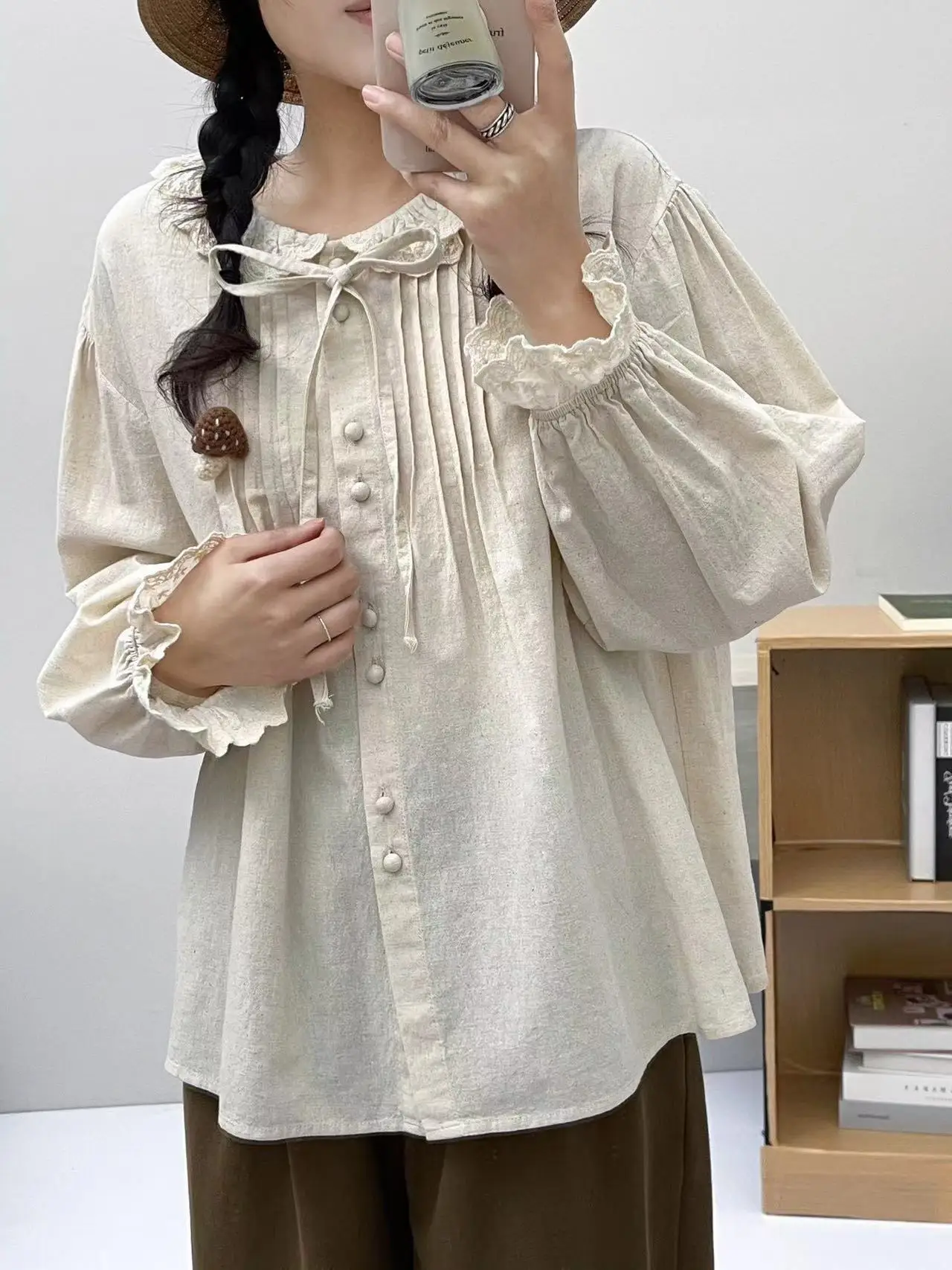 2025: женская летняя одежда, стиль мори для девочек, кружевной воротник, армейский зеленый, бежевый, рубашки, блузки с длинными рукавами, хлопковые молодежные женские блузки