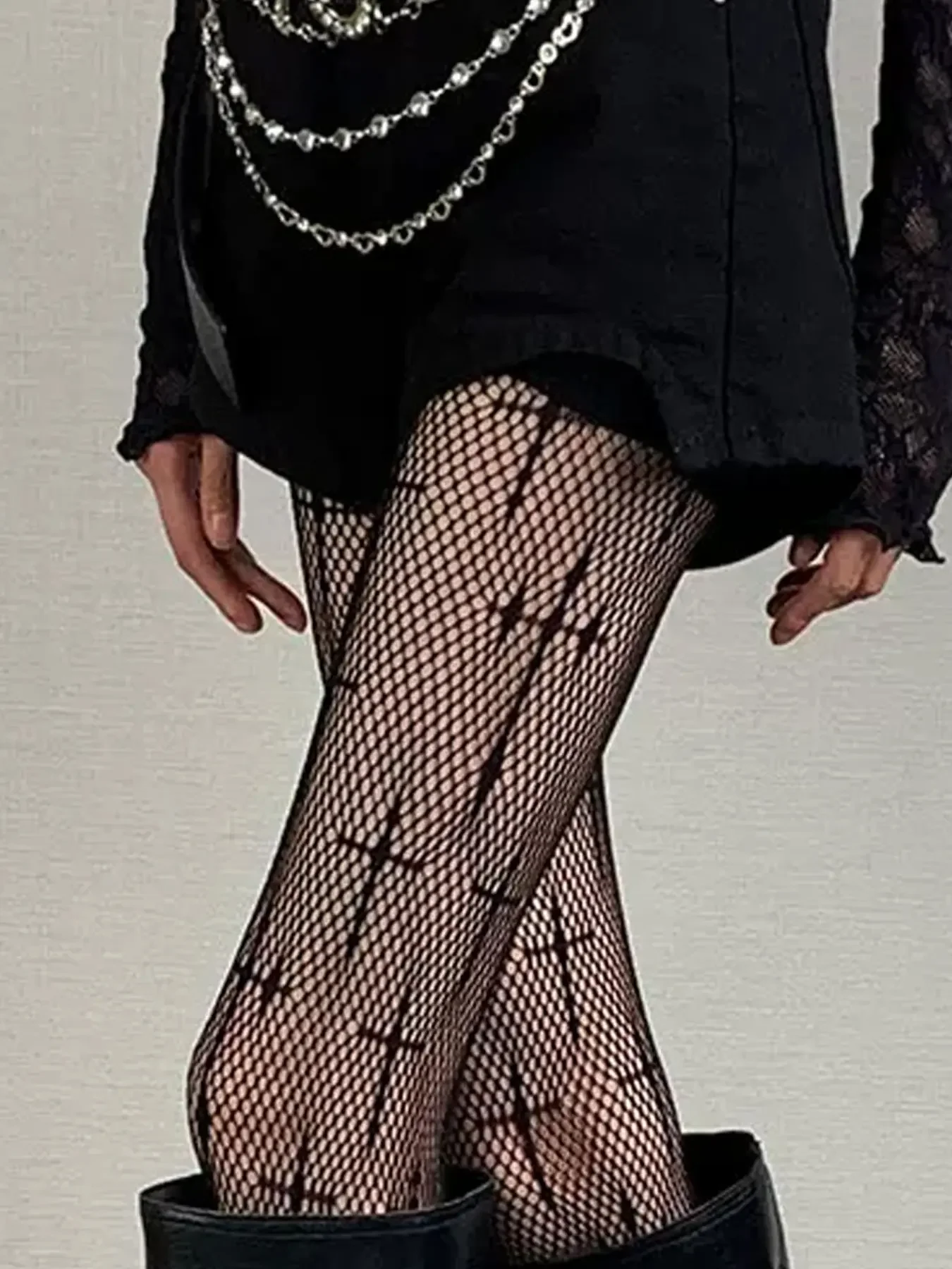 Cross Print Fishnet Texture Tights, High Stretch Slim Fit Stockings, Punk Style Underwear, All-Season Fashion, Youthful Subculture Base Layer
