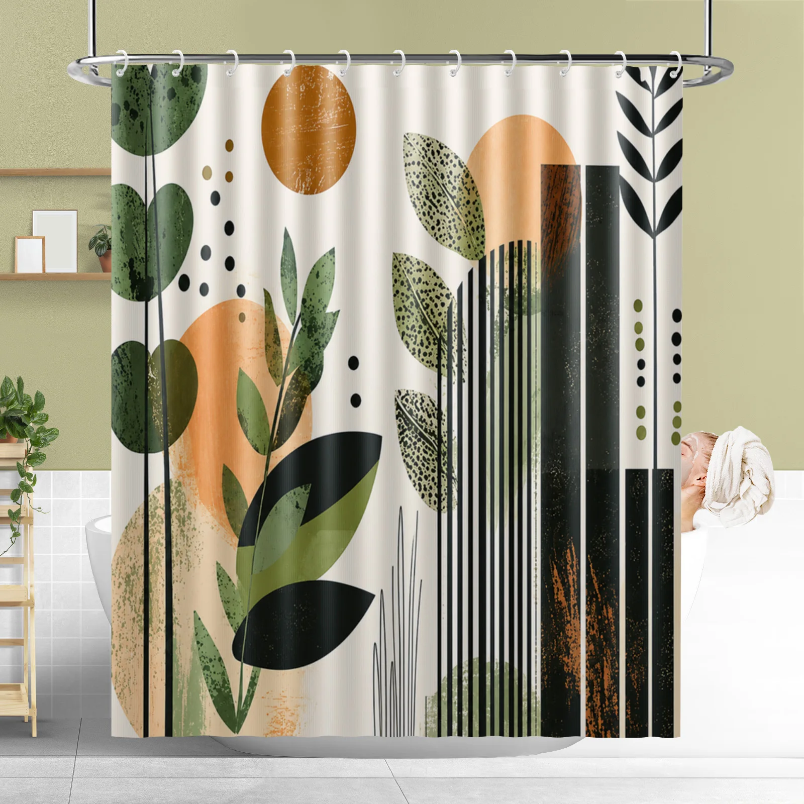 Boho Green Plant One Line Shower Curtain with Hook Waterproof Polyester Fabric Bathroom Modern Minimalist Curtains for Bath Room