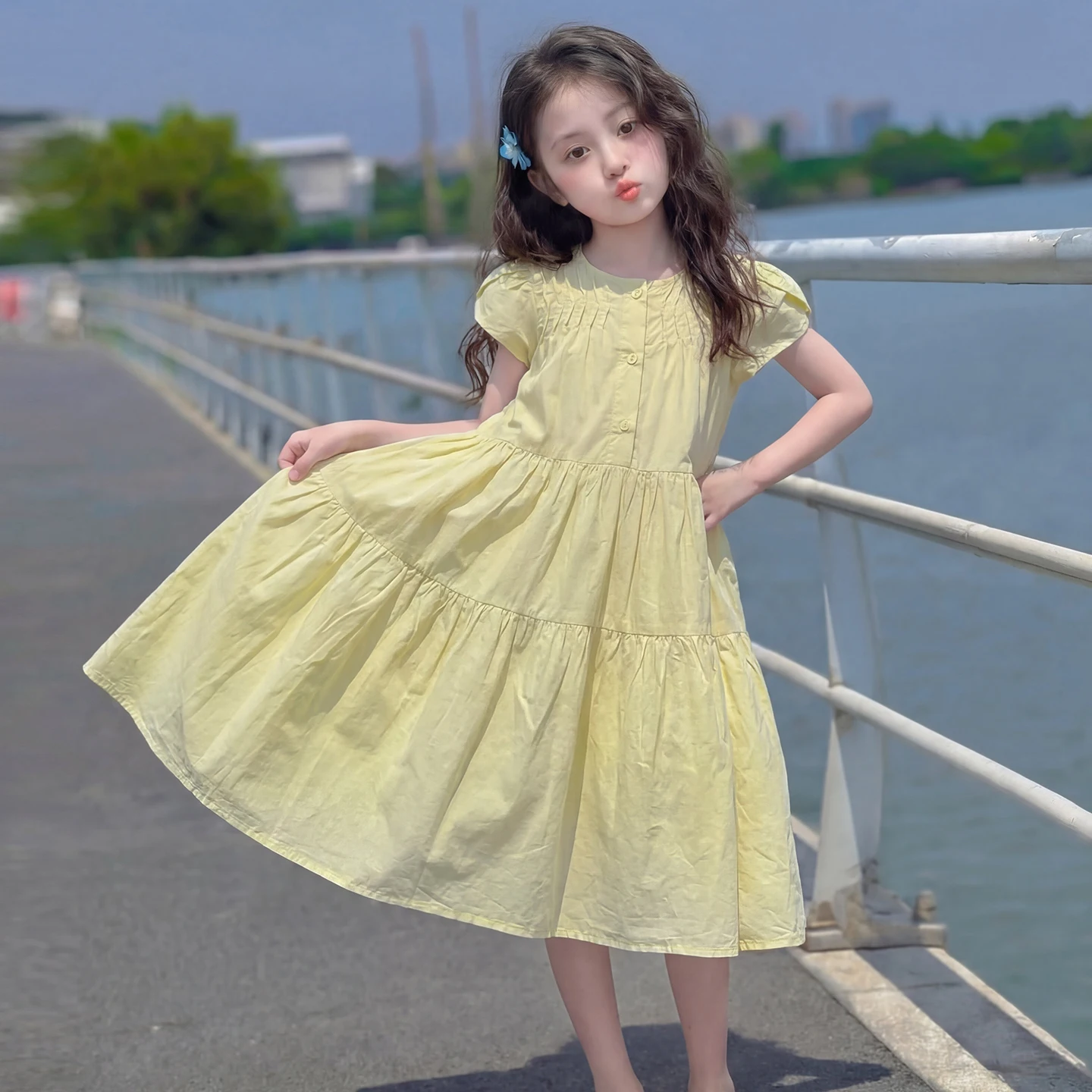 Girls Summer Dresses Yellow Casual Maxi Sundress Boho Tiered Flowy Short Sleeve Beach Dresses For Girls 6-12 Years Kids Clothes