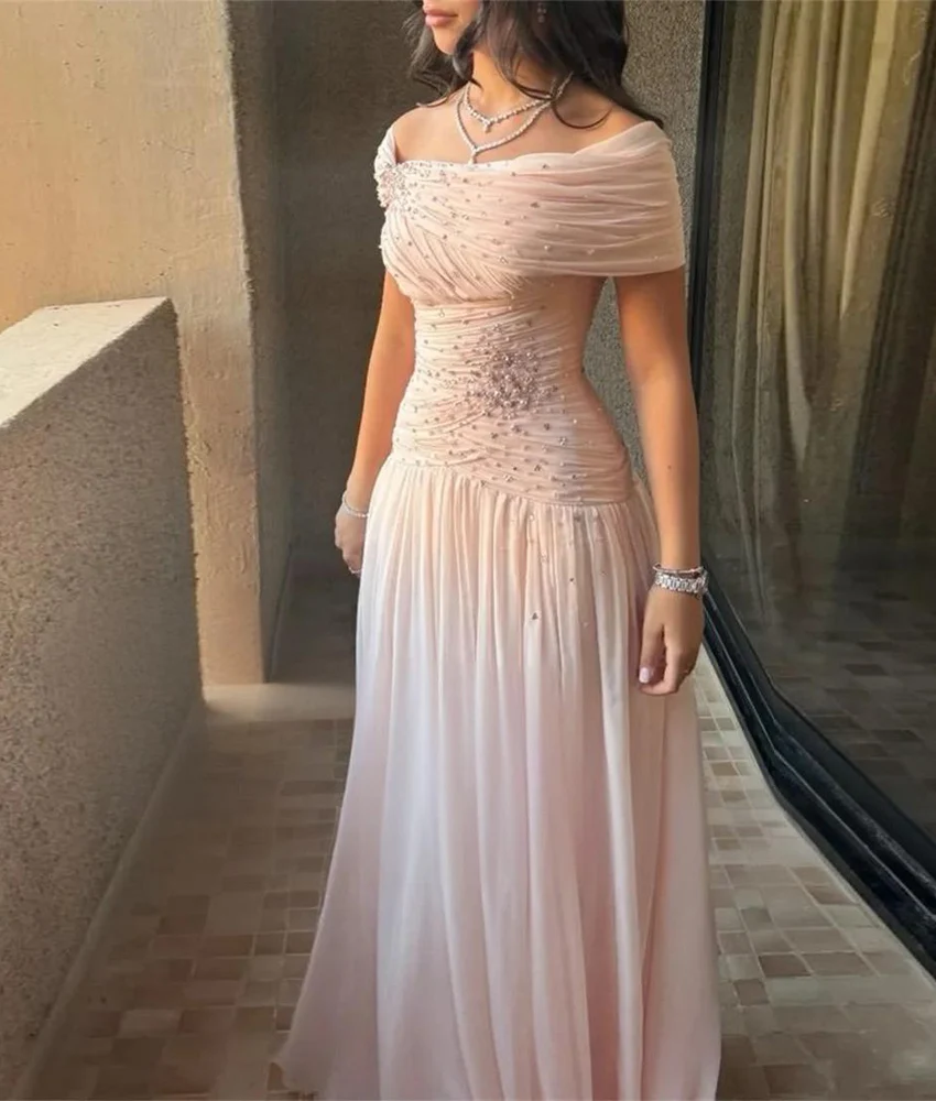 

Customized Graceful Crystal Beading Pearls Chiffon A-Line Off the Shoulder Evening Dress Temperament Floor Length prom dresses