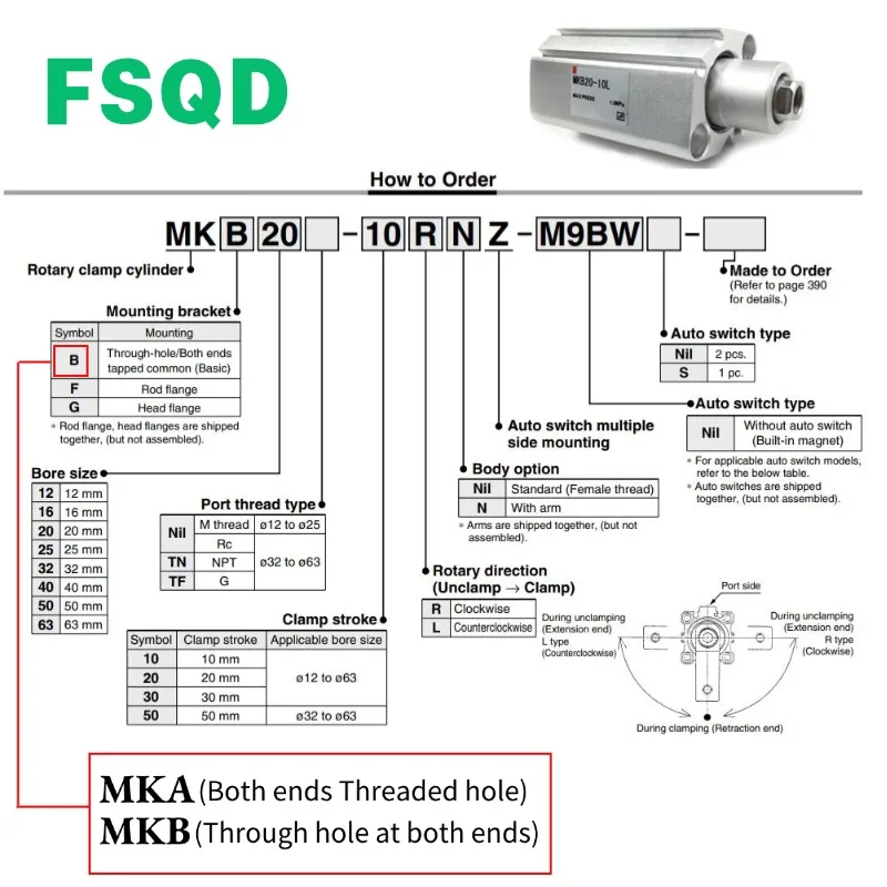 MKB12 MKB16 MKB20 MKB25 MKB32 MKB40 MKB50 MKB63-10RZ 20RZ 30RZ 50RZ 10 20 30 50LZ RNZ LNZ กระบอกสูบแบบหมุนพร้อมตัวจับยึด MK MKB