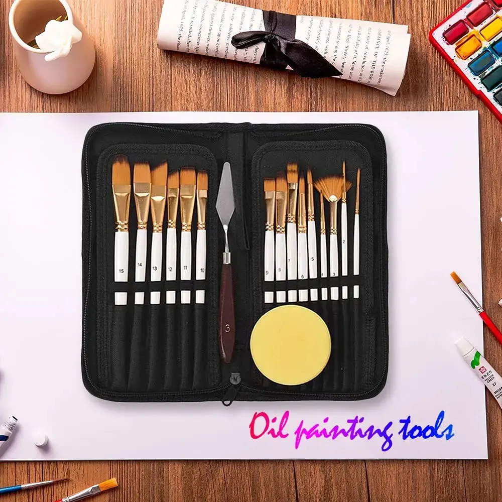 

Artist brush set 15 different size brushes and 1 palette knife and 1 sponge, portable brush set for acrylic, oil, watercolor