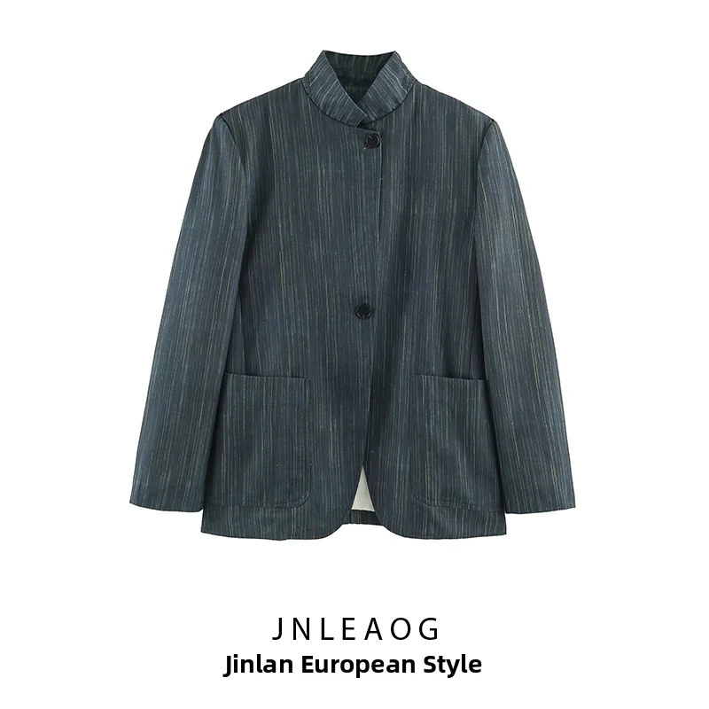 JNLEAOG Autumn New Women's Casual Comfortable Linen Striped Suit Jacket Long Sleeve Pure Linen Material Single Button Closure