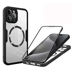 360 전체 보호 화면 보호 iPhone 14 15 Pro Max 11 12 13Pro 14Plus 15Plus 자동차 마운트 마그네틱 커버 용 투명 케이스