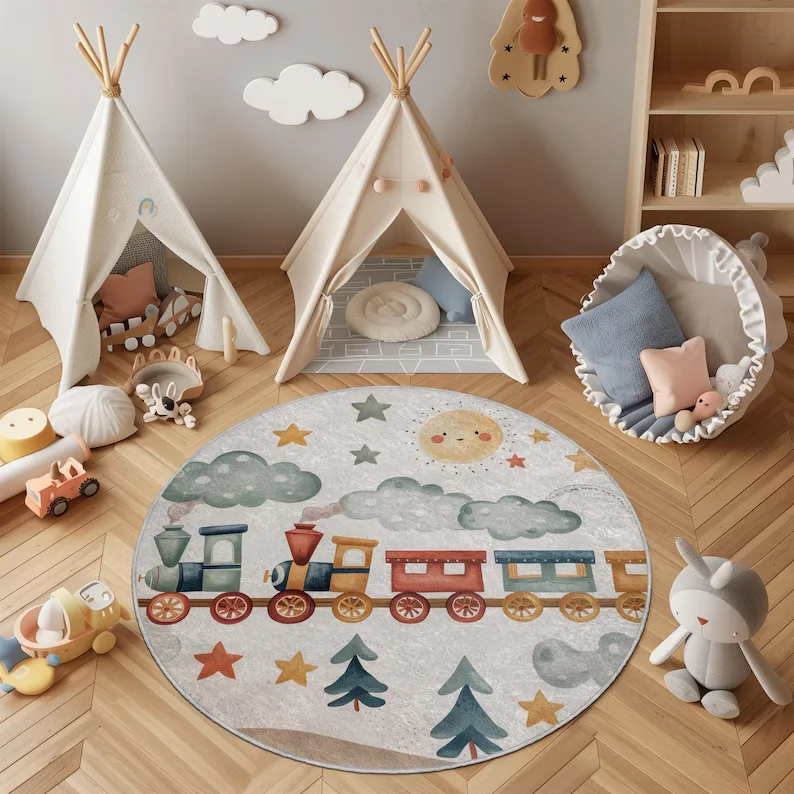 Alfombra de tren para niños, alfombra redonda para sala de juegos, locomotora, estrellas, alfombra para habitación de bebé, coches y barcos, bonita alfombra de juego de arcoíris para niños pequeños
