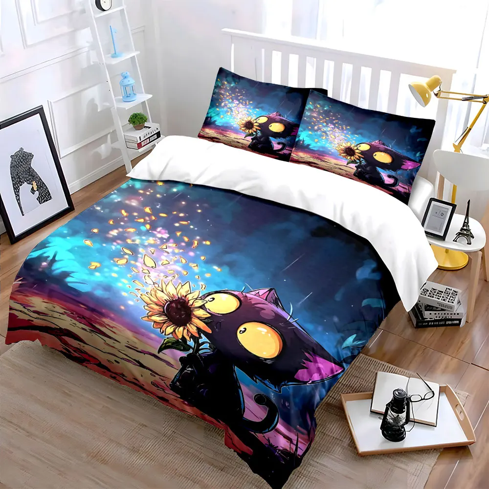 Black Cat with Magical Sunflower Print Bedding Set 1 Duvet Cover 2 Pillowcases for Adult and Children Luxury Gift Full Size