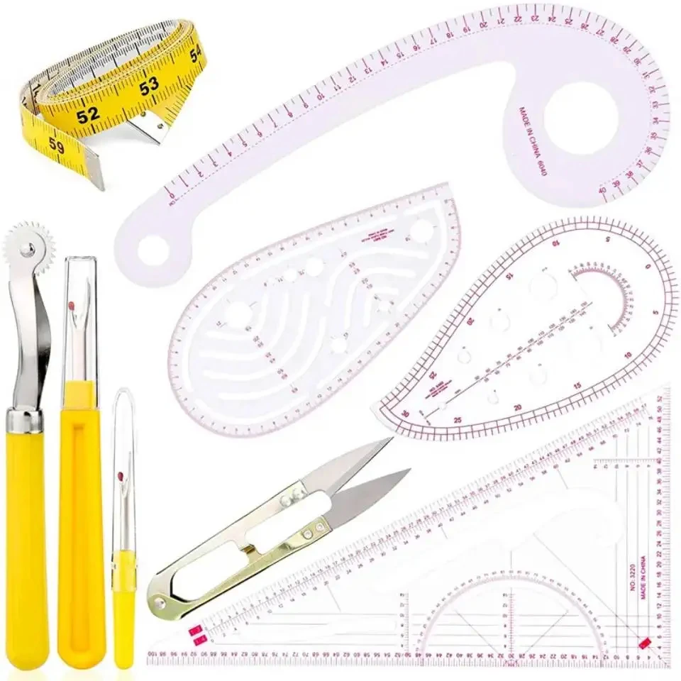 Fenrry 4 Styles Sewing Tailor Ruler Measuring Kits French Curve Ruler Metric Shaped Sewing Tools with Seam Ripper Tracing Wheel