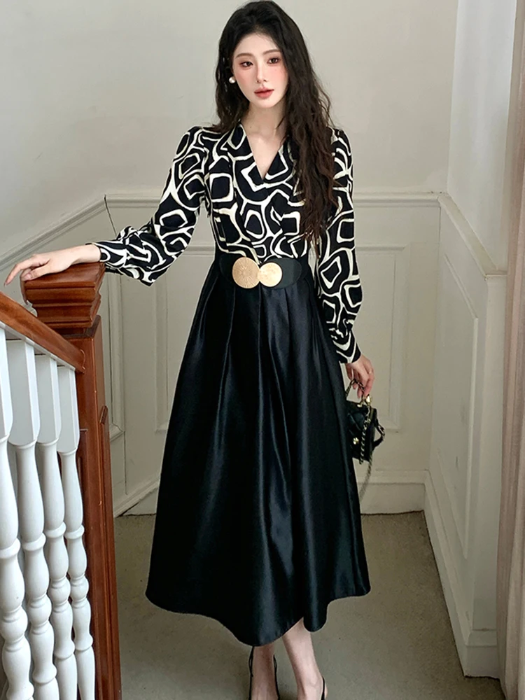 春黒サテンパッチワークプリントシックなドレス女性エレガントなボディコン包帯ロングドレス 2025 韓国ヴィンテージヘップバーンフェスティバルローブ