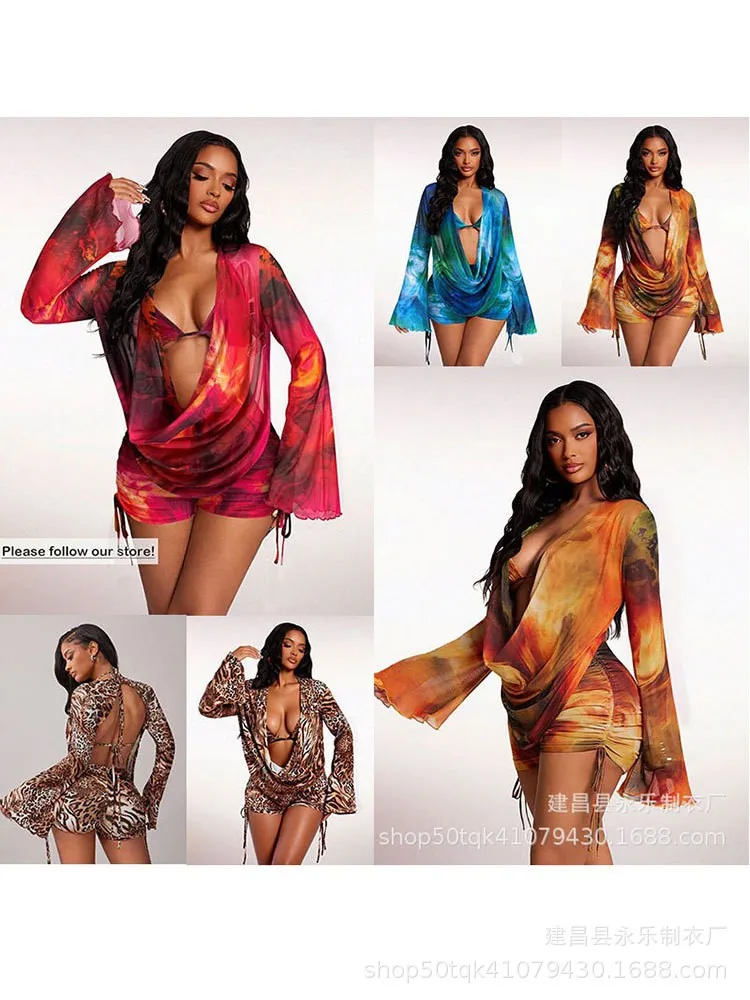 

Летняя женская одежда: Прозрачное боди с длинным рукавом и принтом из полиэстера, консервативный купальник-белье, ультрамодный хит