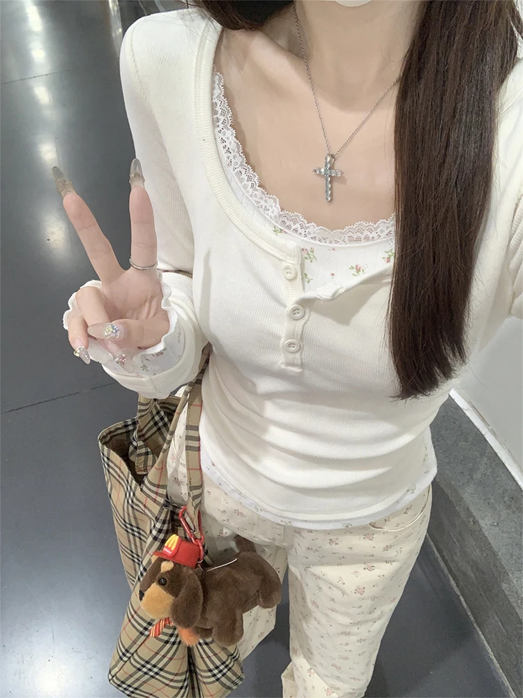 Solid Lace Patchwork Long Sleeve T-shirt Women False Two-piece Slim Long Sleeve Tops 2025 Autumn Women's Top