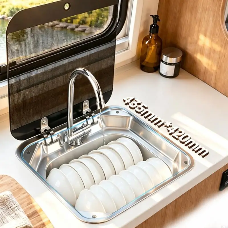 Covered Stainless Steel Sink for Boat Galley and Mobile Kitchen Use, Single Bowl Wash Basin with Hinged Lid and Drain D7YA