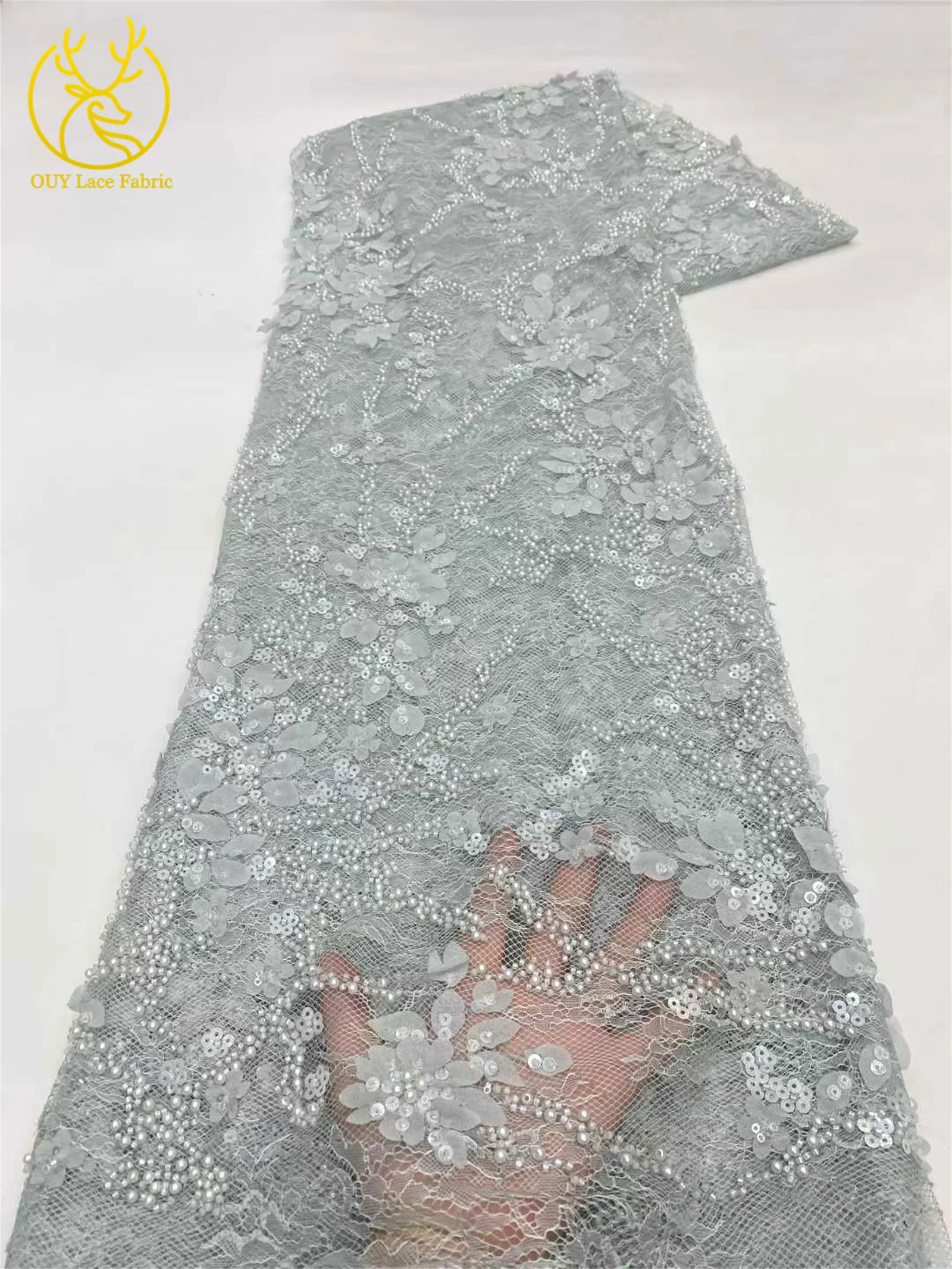 Afrikanischer nigerianischer Bräutigam-Perlen-Spitzenstoff 2026, französisches Netz, 3D-Applikation, Pailletten-Spitzenstoff für Party, Hochzeit, Kleid, Nähen, 5 Yards – Detail 16